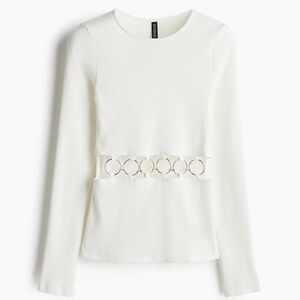 NWT White Long Sleeve Top with Cut-Out Gold Ring Design